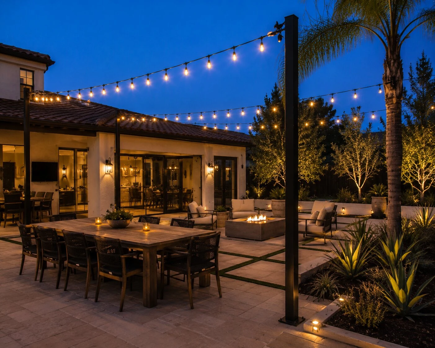 Single-story Spanish revival home at deep-blue dusk with warm bistro string lights between black steel posts overhead, a farmhouse dining table with candles in the foreground, a lounge and linear gas firepit in the middle distance, an uplit palm and agave landscape at right