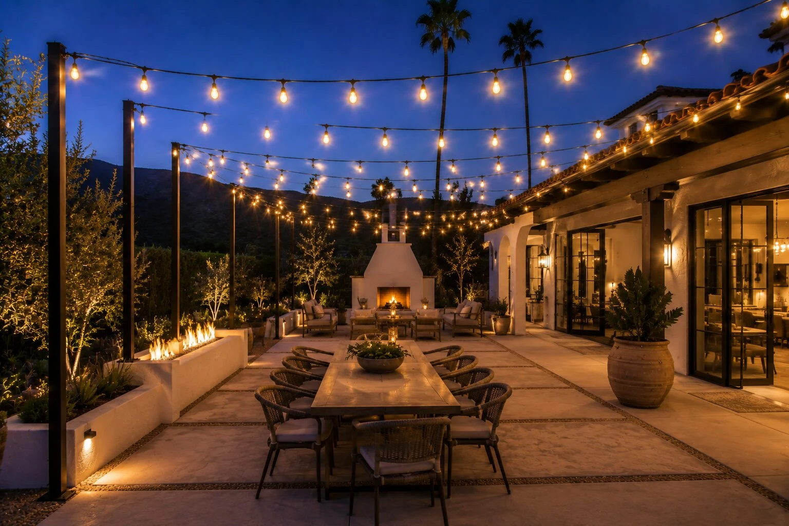 Spanish-style estate backyard at deep-blue dusk with warm bistro string lights overhead between black steel posts, a long farmhouse dining table at center, a linear gas firepit at left, a white-stucco outdoor fireplace and lounge in the mid-ground, palm trees and silhouette mountains in the distance
