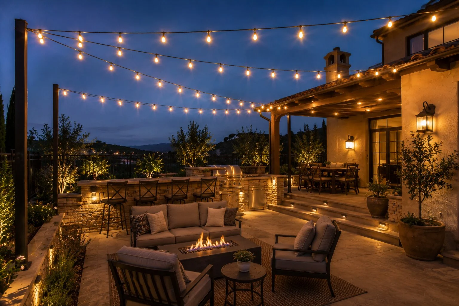 Spanish estate backyard at deep-blue dusk with warm bistro string lights overhead, a linear gas firepit and lounge in the foreground, a full outdoor kitchen and bar with stools in the mid-ground, step lights along the patio stair, dining under a covered porch at right, valley view in the distance