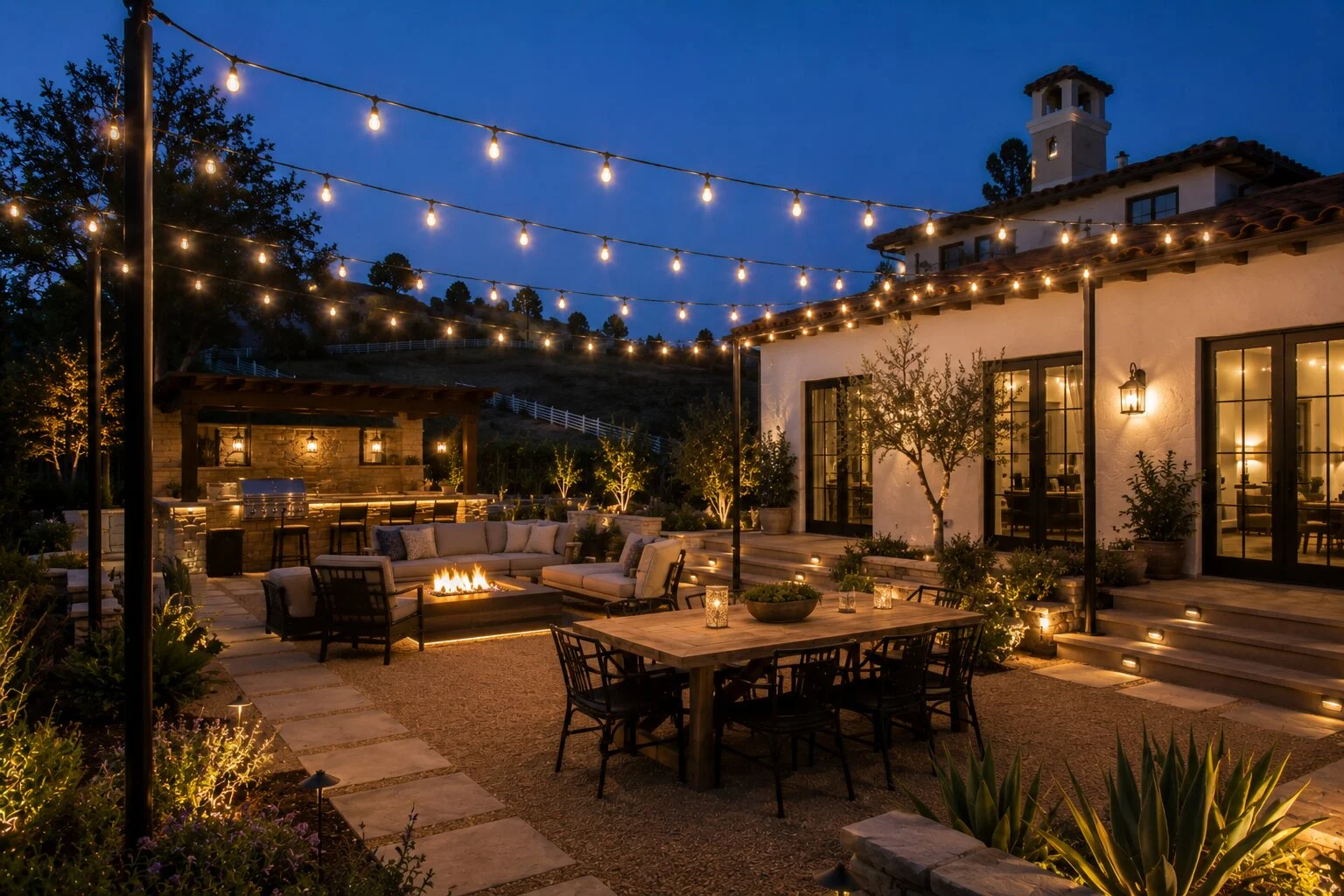 Hilltop Tuscan-style backyard at deep-blue dusk with warm bistro string lights between black steel posts, a gravel patio with a farmhouse dining table in the foreground, a linear gas firepit and lounge in the mid-ground, agave and lavender planted beds, valley horizon