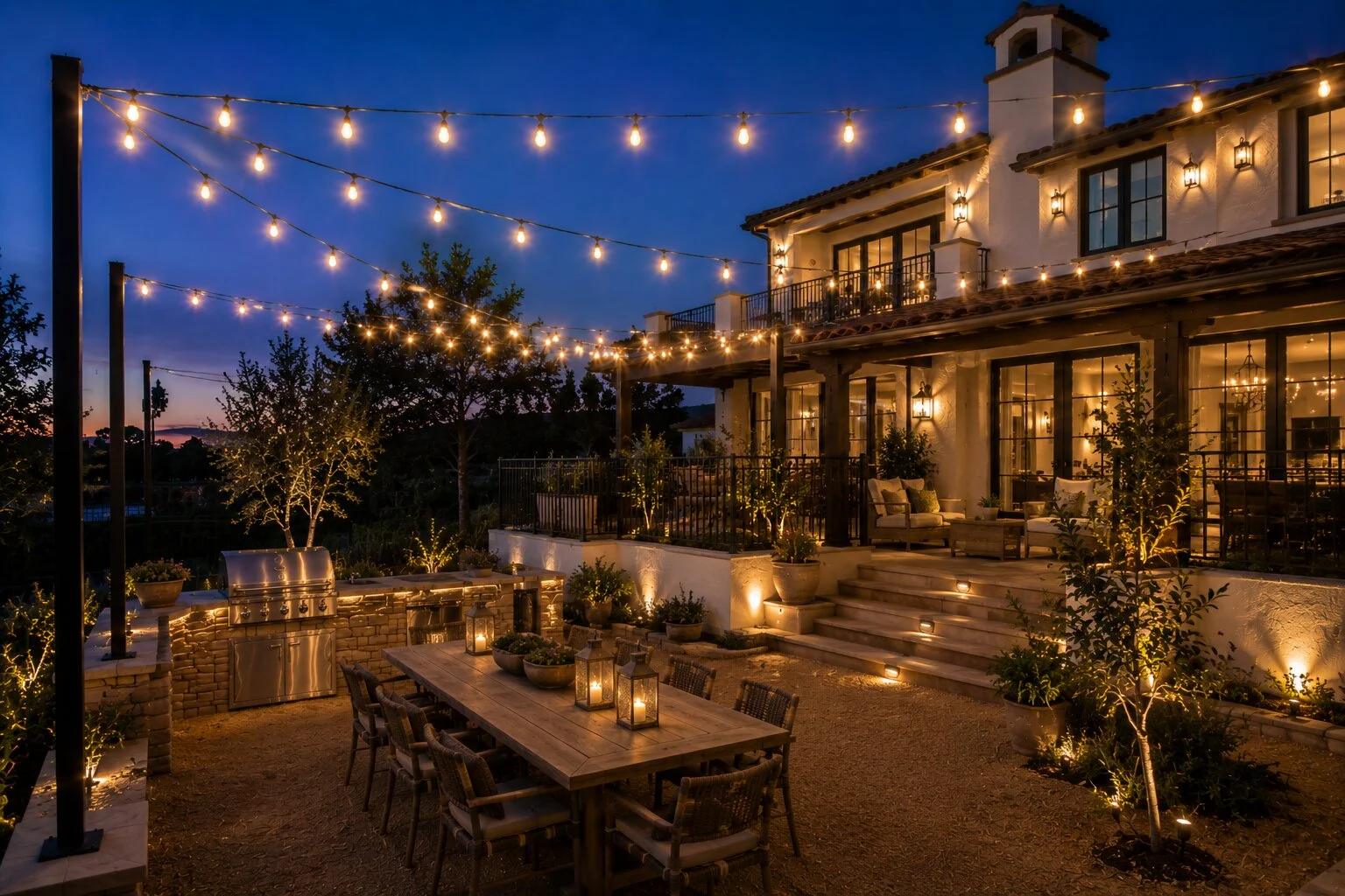 Two-story Spanish revival home with a bell tower and second-floor balcony at deep-blue dusk, warm bistro string lights between black steel posts overhead, an outdoor kitchen at left, a brick patio with a candlelit dining table at center