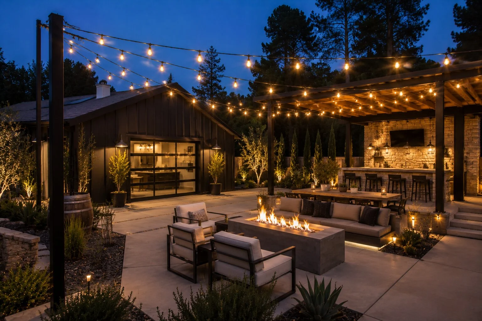 Modern farmhouse barn-style guest house at dusk with warm bistro string lights between black steel posts and an attached pergola at right, a modern concrete linear gas firepit and lounge in the foreground, a brick pergola with an outdoor kitchen and bar with stools at right, pine forest backdrop