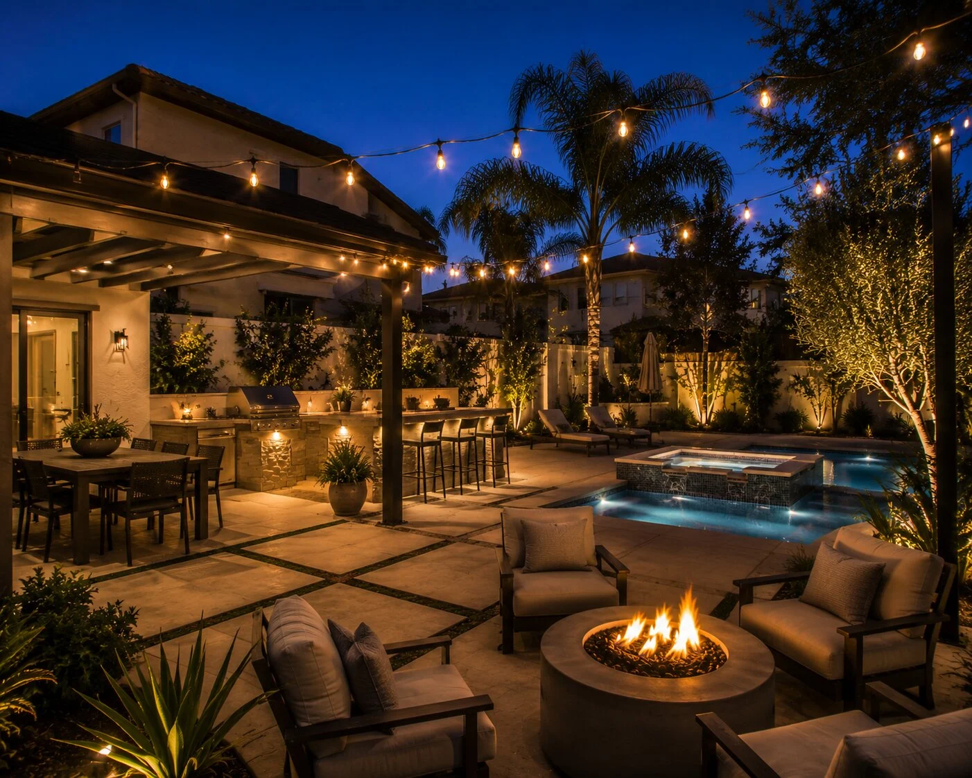 Suburban two-story Spanish home at deep-blue dusk with warm bistro string lights overhead, an outdoor kitchen with bar stools at left, a swimming pool and overflowing spa in the middle distance, a round stone firepit and lounge in the foreground, palms and a covered porch behind