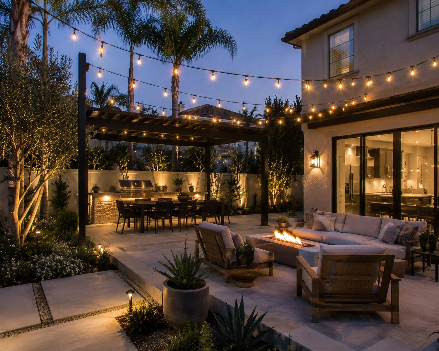 Suburban two-story Spanish home at deep-blue dusk with warm bistro string lights on dedicated black steel posts, a dark wood pergola in the middle with an outdoor kitchen and dining underneath, a linear gas firepit and lounge in the foreground, palms and an uplit olive tree at left