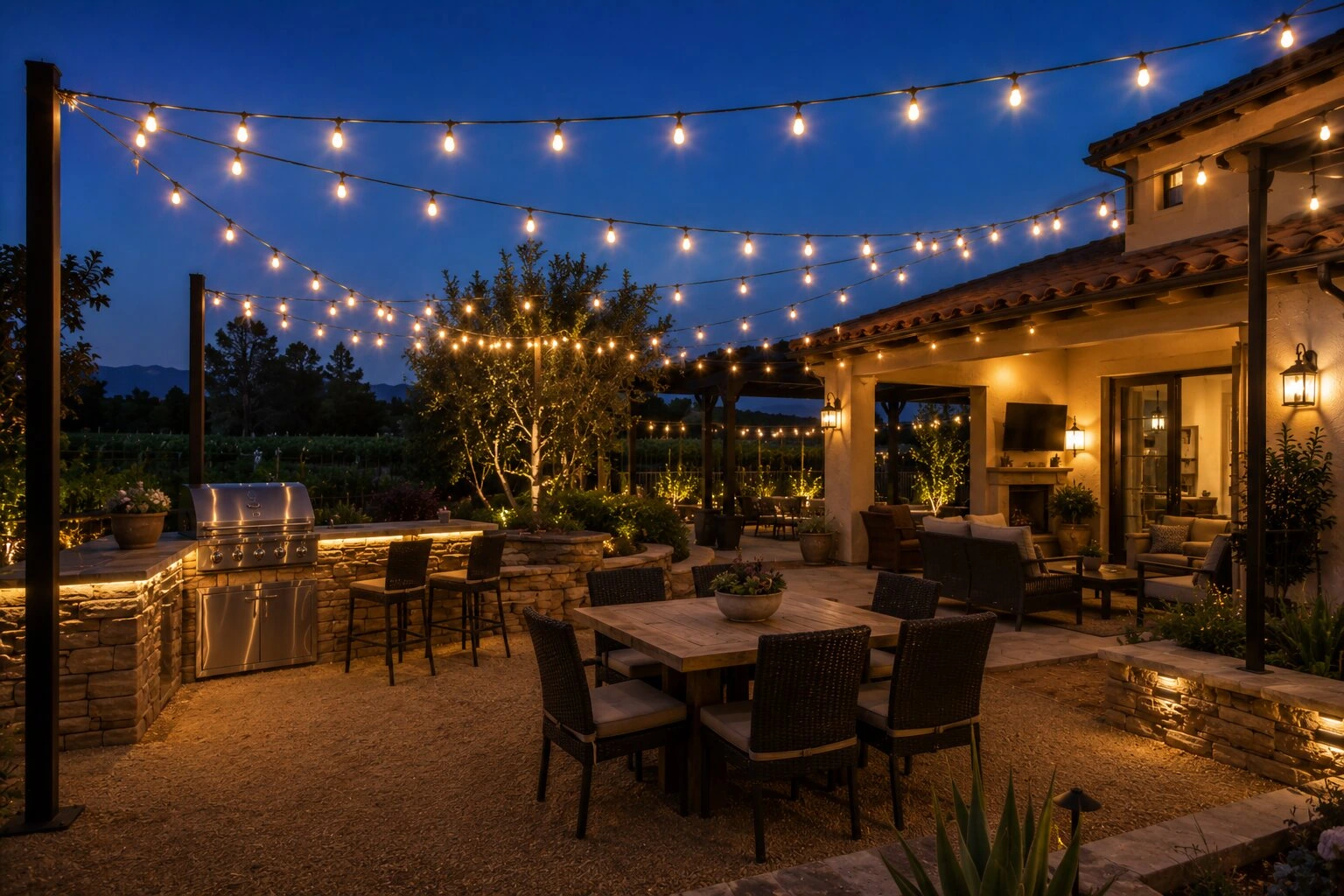 Wine-country Spanish backyard at deep-blue dusk with warm bistro string lights overhead, a stone outdoor kitchen and bar with stools at left, a long farmhouse dining table at center, a covered patio with a fireplace and lounge at right, vineyard rows behind