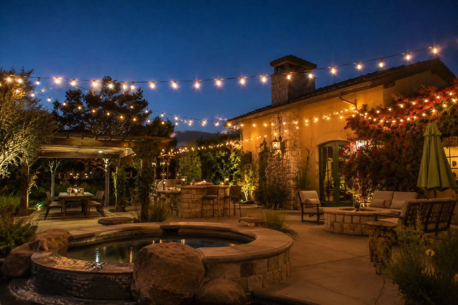Bistro string lights over a Tuscan-style backyard patio at dusk, with outdoor kitchen and pergola
