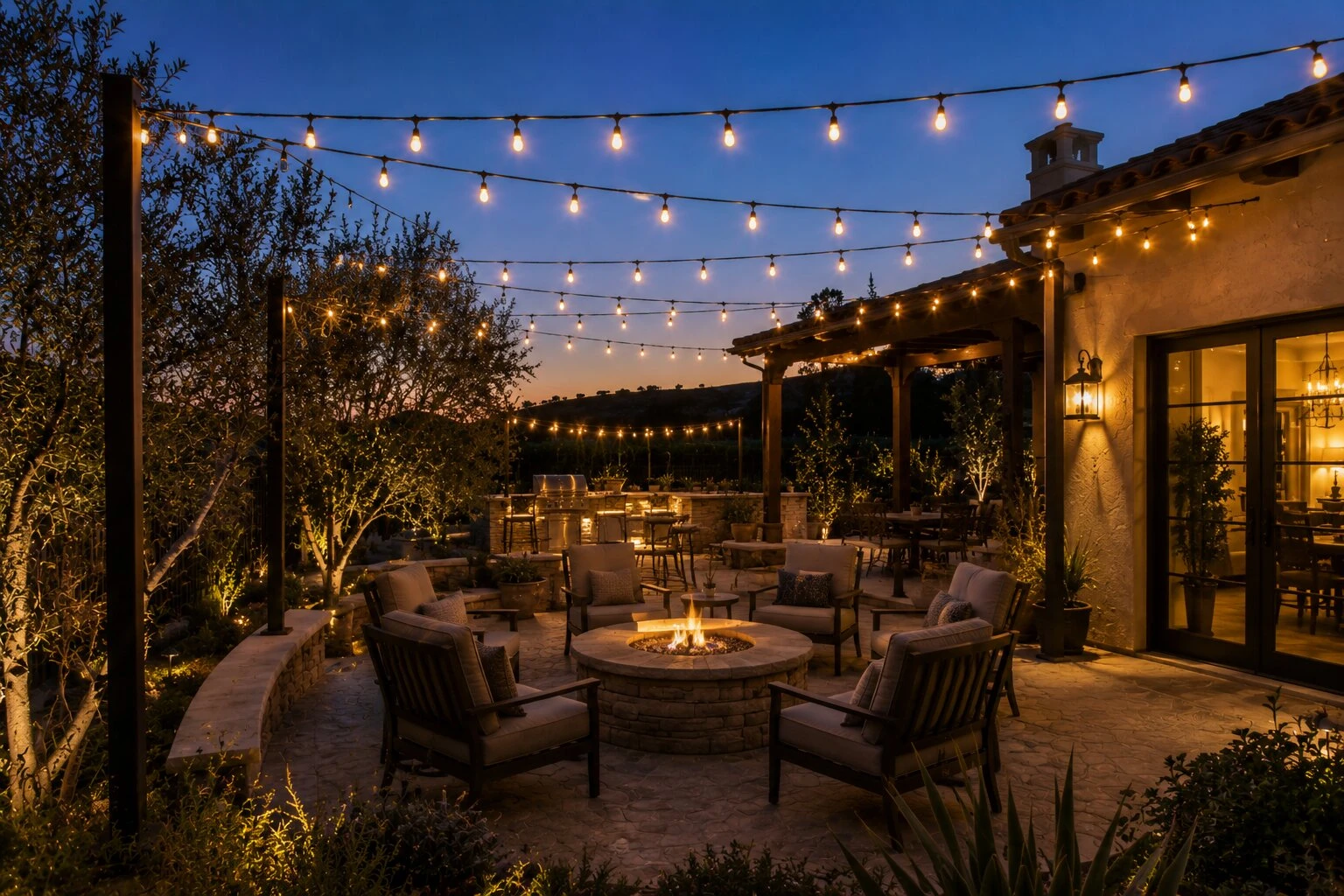 Hilltop Tuscan / Spanish home at dusk-to-sunset with warm bistro string lights overhead, a round stone firepit at center with lounge chairs encircling, an outdoor kitchen and bar with stools in the mid-ground, additional bistro strings under a pergola at right, a valley view in the distance
