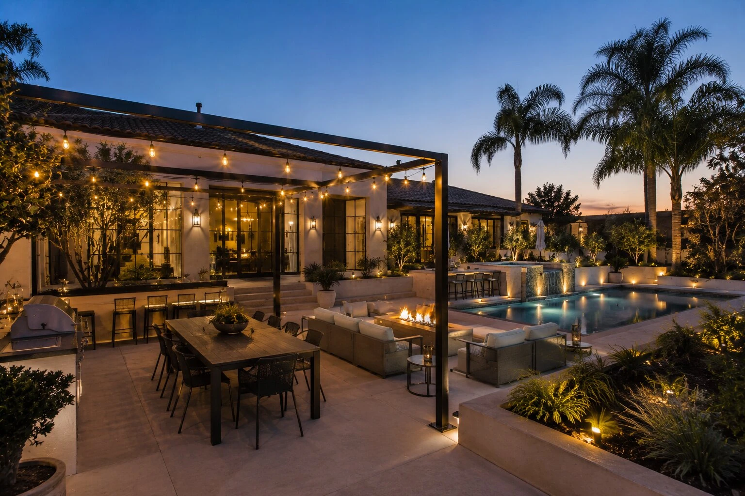 Modern Spanish home at deep-blue dusk with warm bistro string lights overhead under a pergola at left, a large farmhouse dining table and lounge with a linear gas firepit in the middle, a swimming pool and overflowing spa with landscape uplighting at right, palms with a sunset peeking at the right horizon