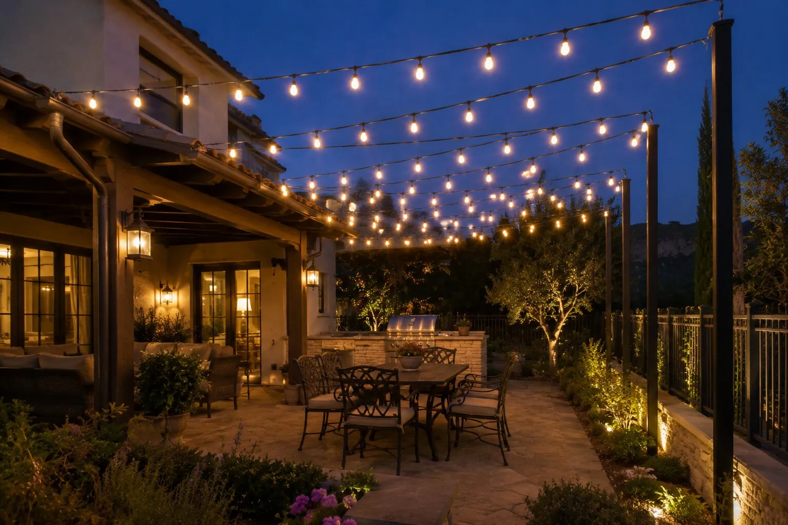 Mediterranean home at deep-blue dusk with a clean catenary of warm bistro string lights between black steel posts over a paver patio, an iron-framed dining table set for dinner in the foreground, a covered porch with lounge seating at left, an outdoor kitchen and bar mid-ground, hilltop horizon in the distance