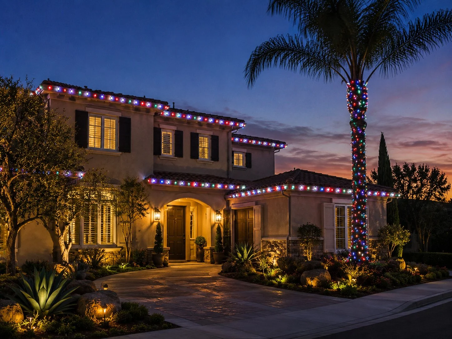 Two-story stucco home at sunset with multicolor C9 Christmas lights tracing every roofline, one front-yard palm wrapped in multicolor lights