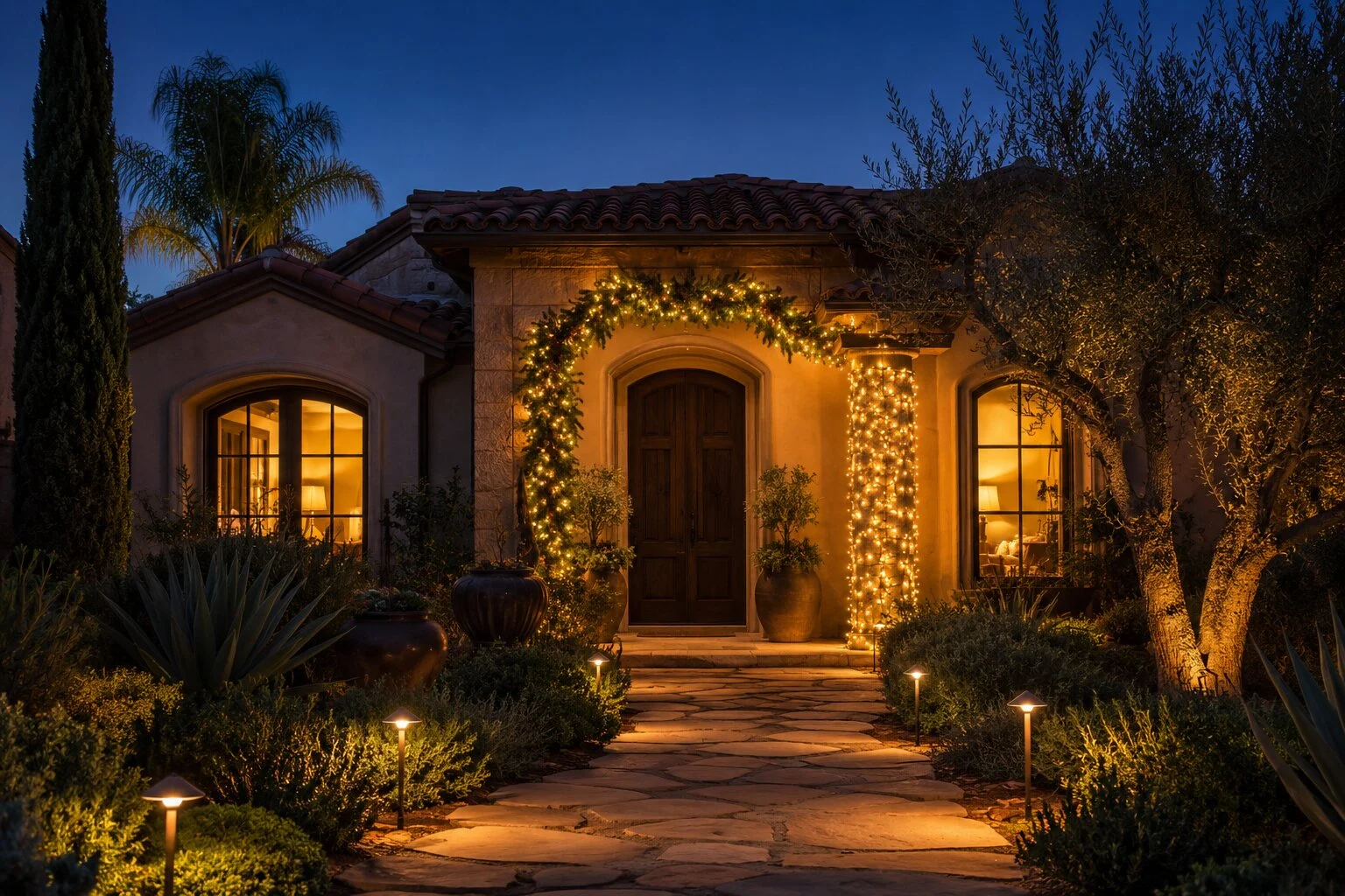 Spanish-style front entry close-up at dusk with a warm-white evergreen garland draped over the arched door, a wrapped column, and lit pathway with low path lights