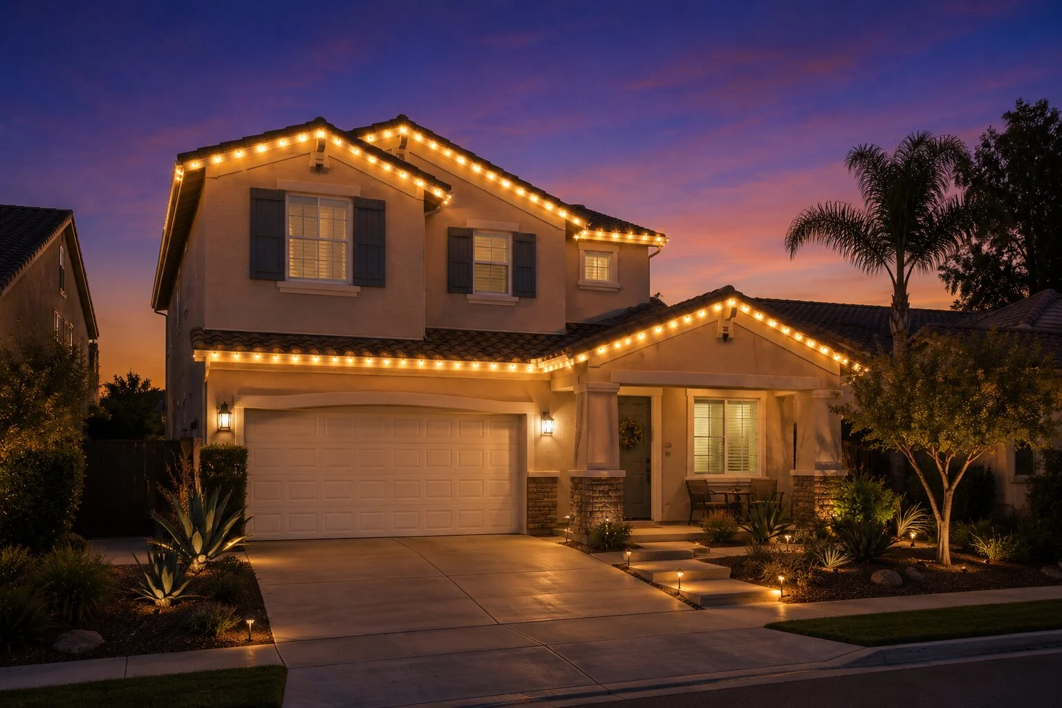 Two-story stucco suburban home at dusk with warm-white Christmas C9 lights traced along every gable, a single front-yard palm wrapped warm-white, sunset horizon behind