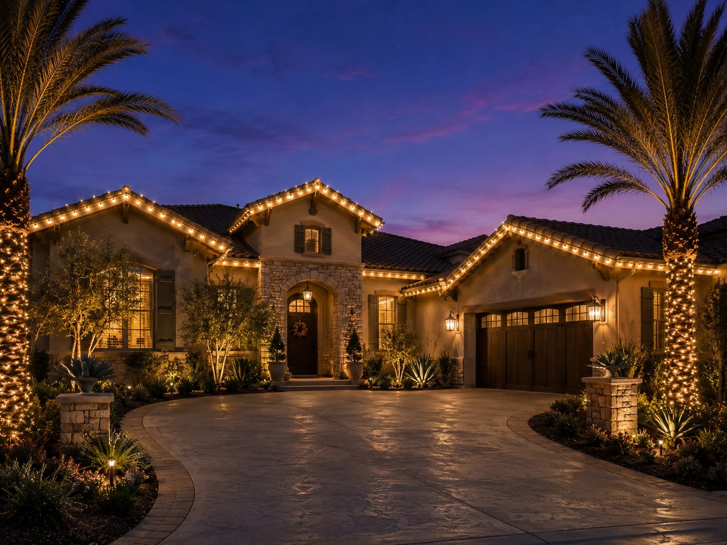 Single-story Tuscan home at dusk with arched stone entry, two tall warm-white wrapped palms flanking the property, every gable outlined in warm-white C9