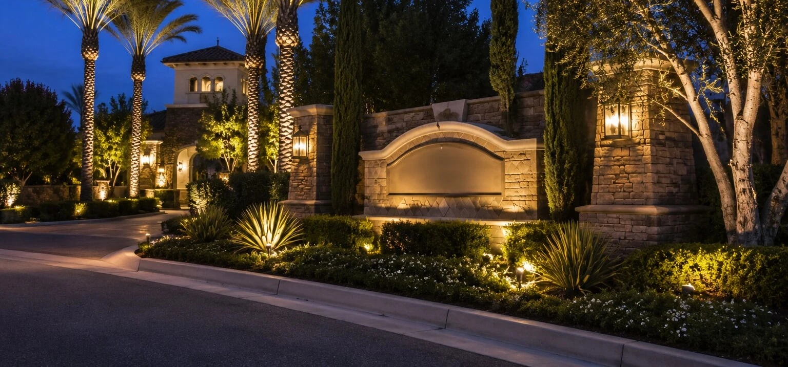 HOA entry at dusk with stacked-stone pillars topped by lanterns, two uplit palm trees, cypress columns behind, a low stacked-stone urn water feature in the foreground, landscape uplighting on agave and white blooms