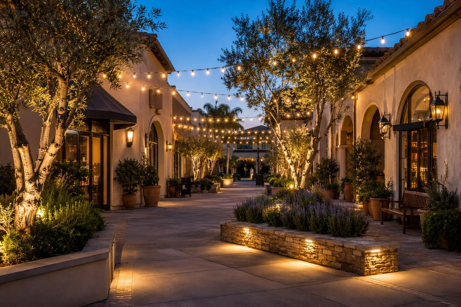 Spanish revival outdoor mall courtyard at dusk with warm bistro string lights overhead, stacked-stone planter step lights at the base, white-bark olive trees uplit on either side, terracotta-tile-roofed retail facades along the courtyard