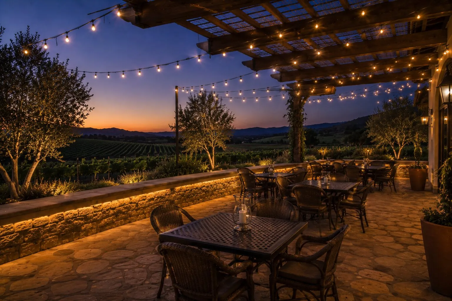 Wine country pergola dining patio at dusk with warm bistro string lights running across the canopy, cafe seating on a flagstone terrace, low stone retaining wall and a vineyard horizon under a fading sunset