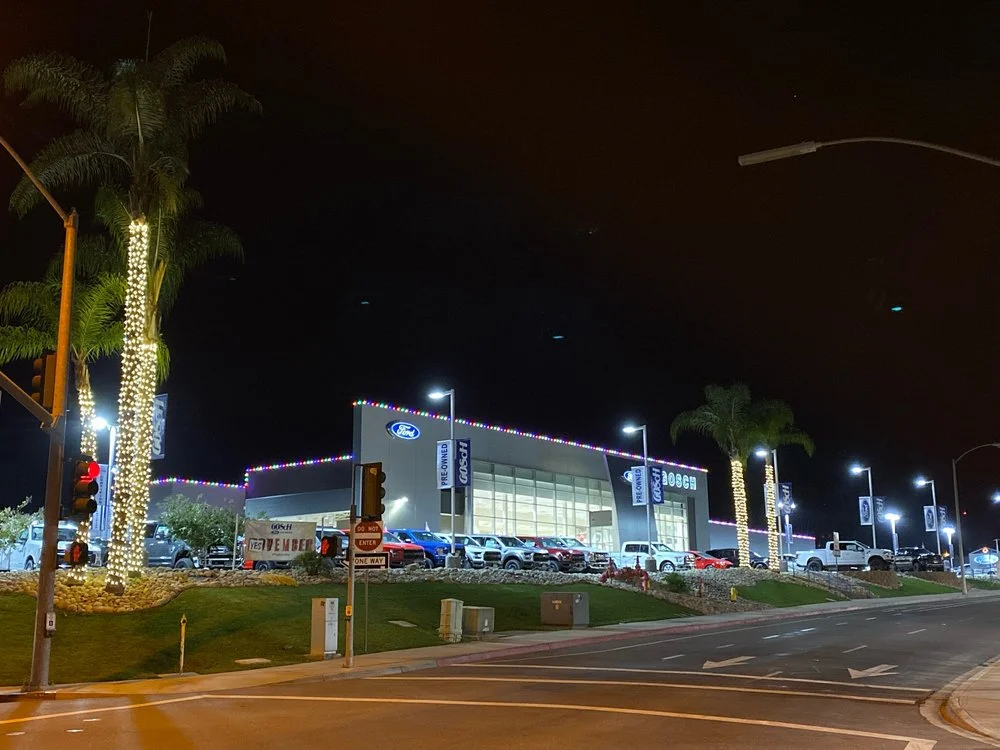 Ford dealership at night with multicolor C9 holiday lights tracing the entire roofline, two tall warm-white wrapped palm trees flanking the showroom, illuminated brand signage and inventory in front