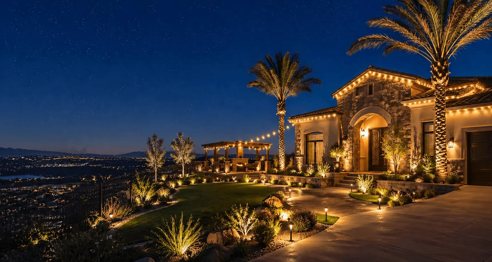 A Temecula home with professional landscape lighting at dusk