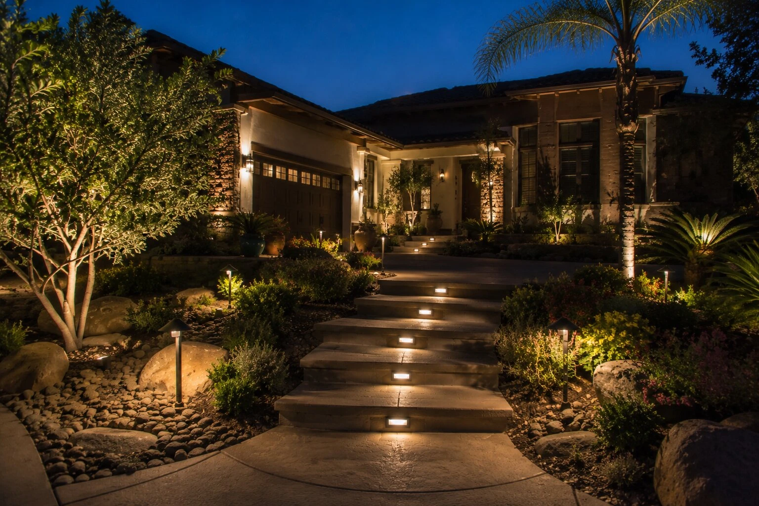 Wide stone steps at dusk with five glowing LED step lights, flanking path bollards, and an uplit palm beside the entry
