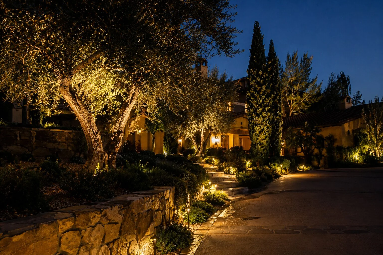 Tuscan estate exterior at dusk with architectural uplighting on the facade, olive trees, and stone walkways