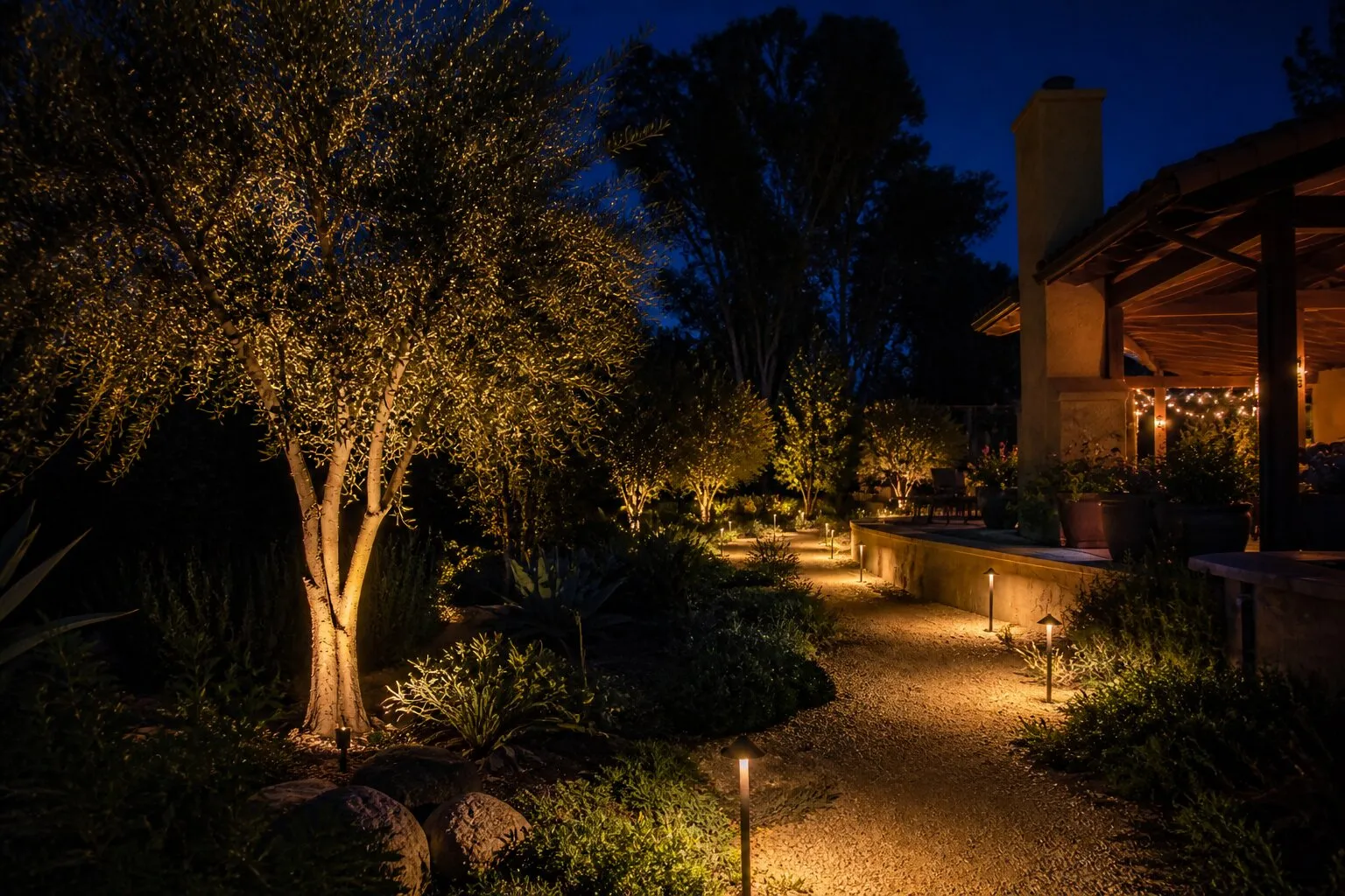 Garden gravel path lined with low bollard path lights at dusk, leading toward a pergola strung with warm bistro lights — an evening yard you can actually use