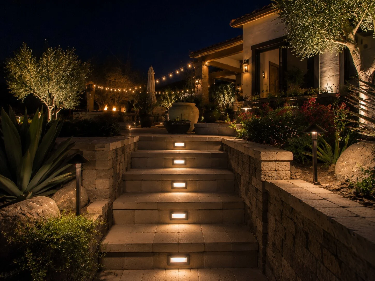 Stone steps inset with horizontal LED step lights leading up to a patio with bistro string lighting overhead