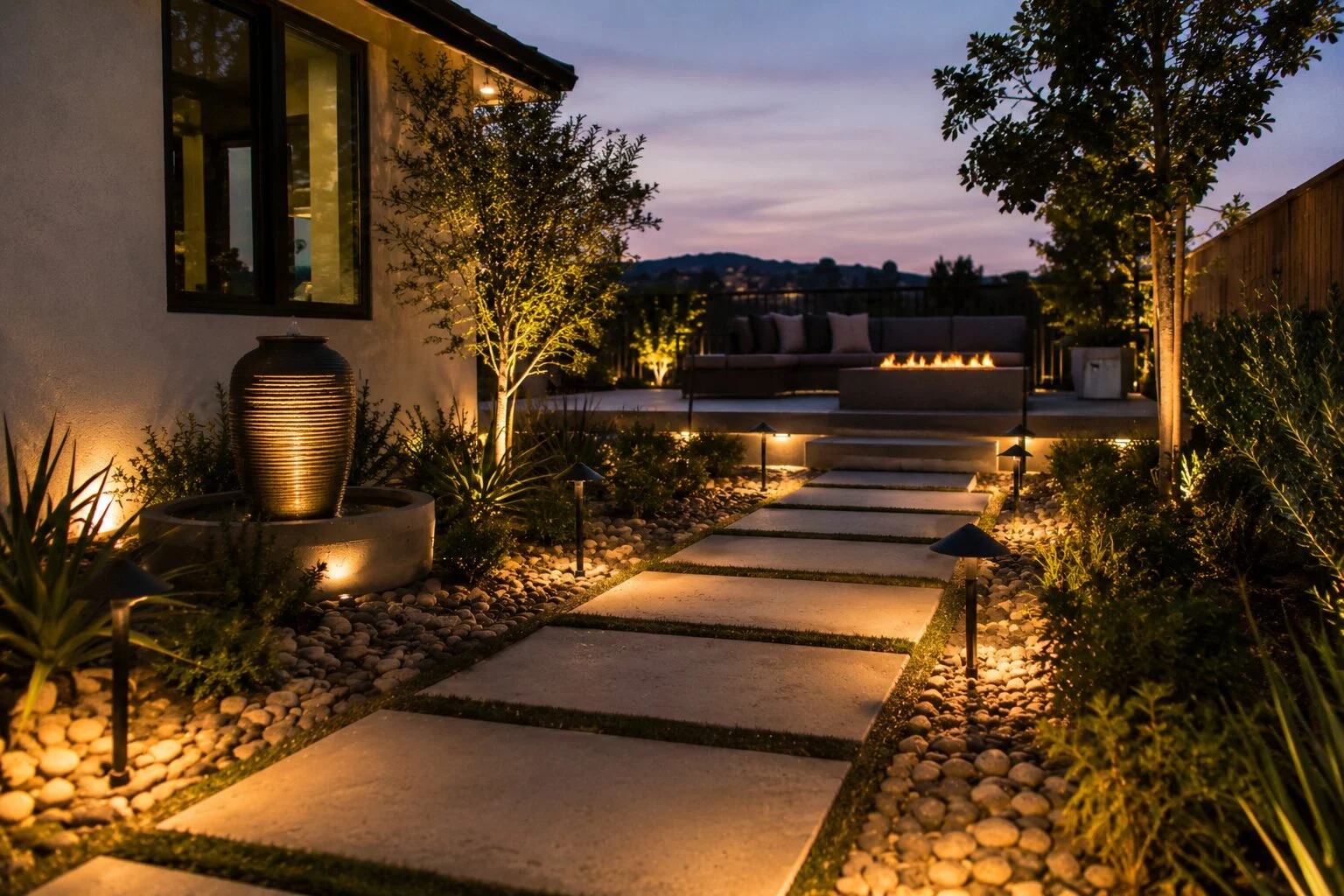 Contemporary concrete pavers and river-rock walkway leading to a fire feature at twilight, with a pink and lavender sky behind