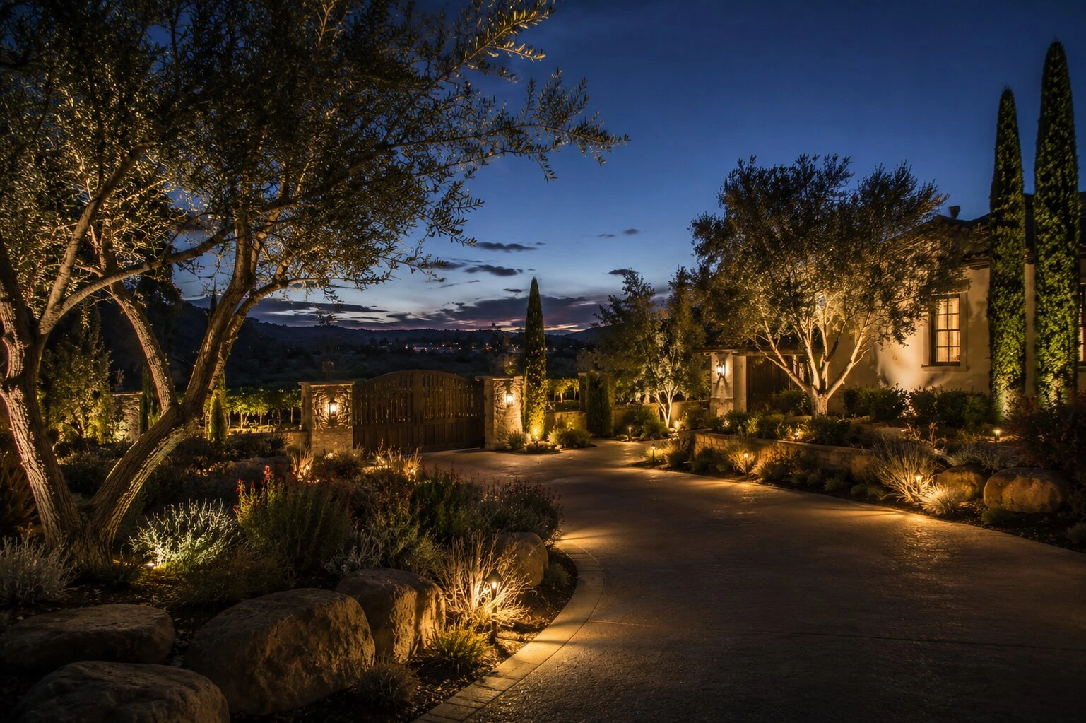 A Temecula estate driveway lined with uplit olive trees at dusk, pink and orange sunset still glowing above the gate