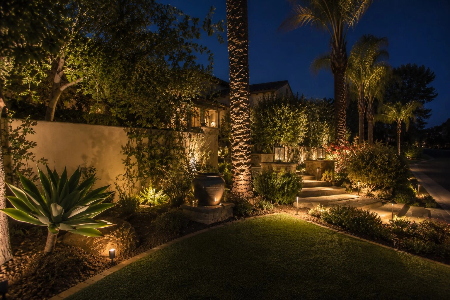 Side-yard garden at dusk with uplit palm trunks, an illuminated urn fountain, an agave specimen, and path lights leading to stone garden steps