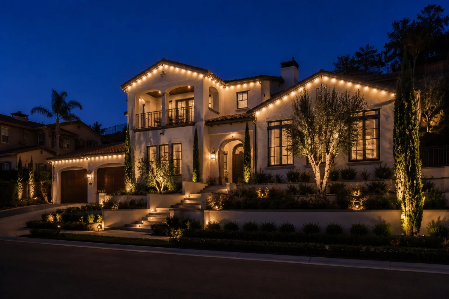 Two-story hillside Spanish home at dusk with warm-white permanent LED lights running under every eave and gable, mature trees and cypresses uplit, terracotta tile roof, low retaining wall along the road