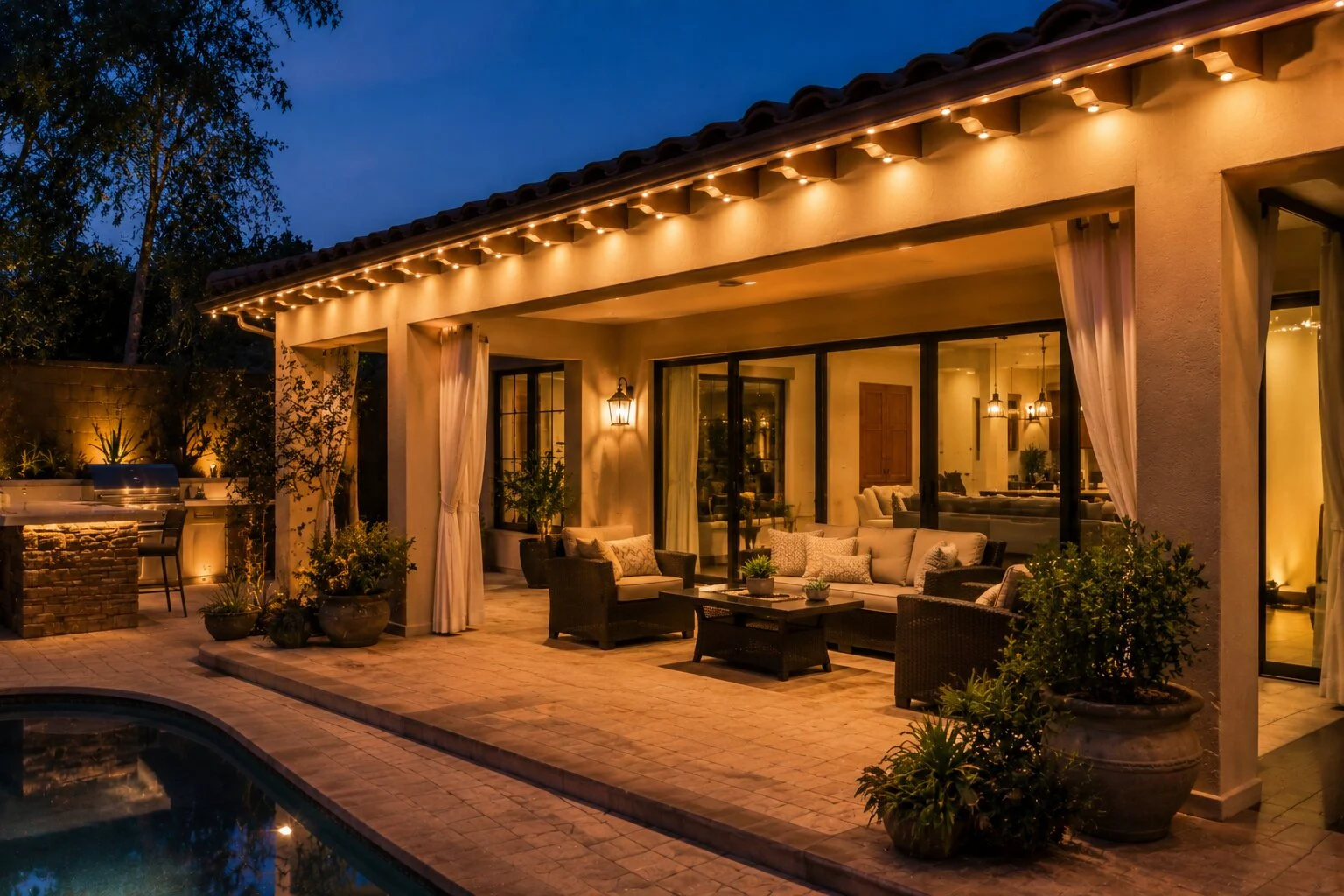 Covered Spanish patio at dusk with warm-white permanent LED lights mounted along the corbel beams, outdoor kitchen and lounge furniture, pool edge in foreground