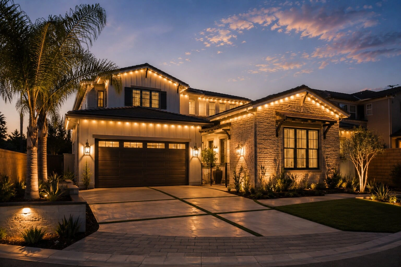 Two-story Modern Farmhouse home in Temecula at dusk with warm-white permanent LED lights mounted under every eave and gable, board-and-batten and stone facade, palm tree at left, paver driveway, pink and violet sunset clouds above the rooflines