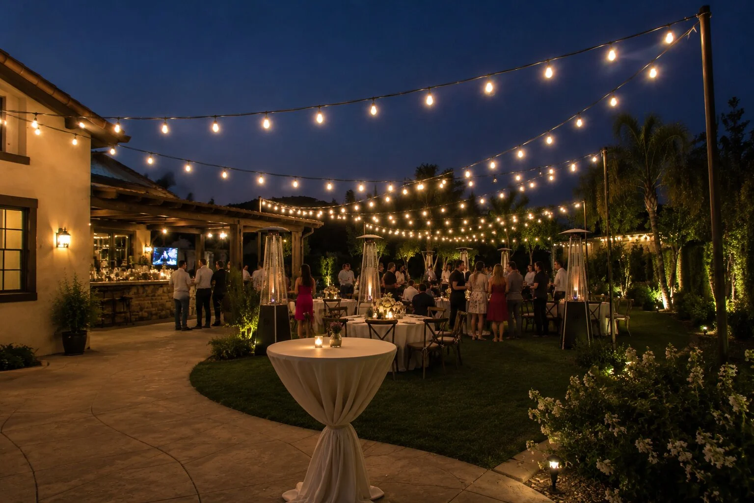 Backyard cocktail party at dusk with mingling guests on the lawn, warm bistro string lights overhead, patio heaters and dressed cocktail tables, a Spanish-style home and palm trees as the backdrop