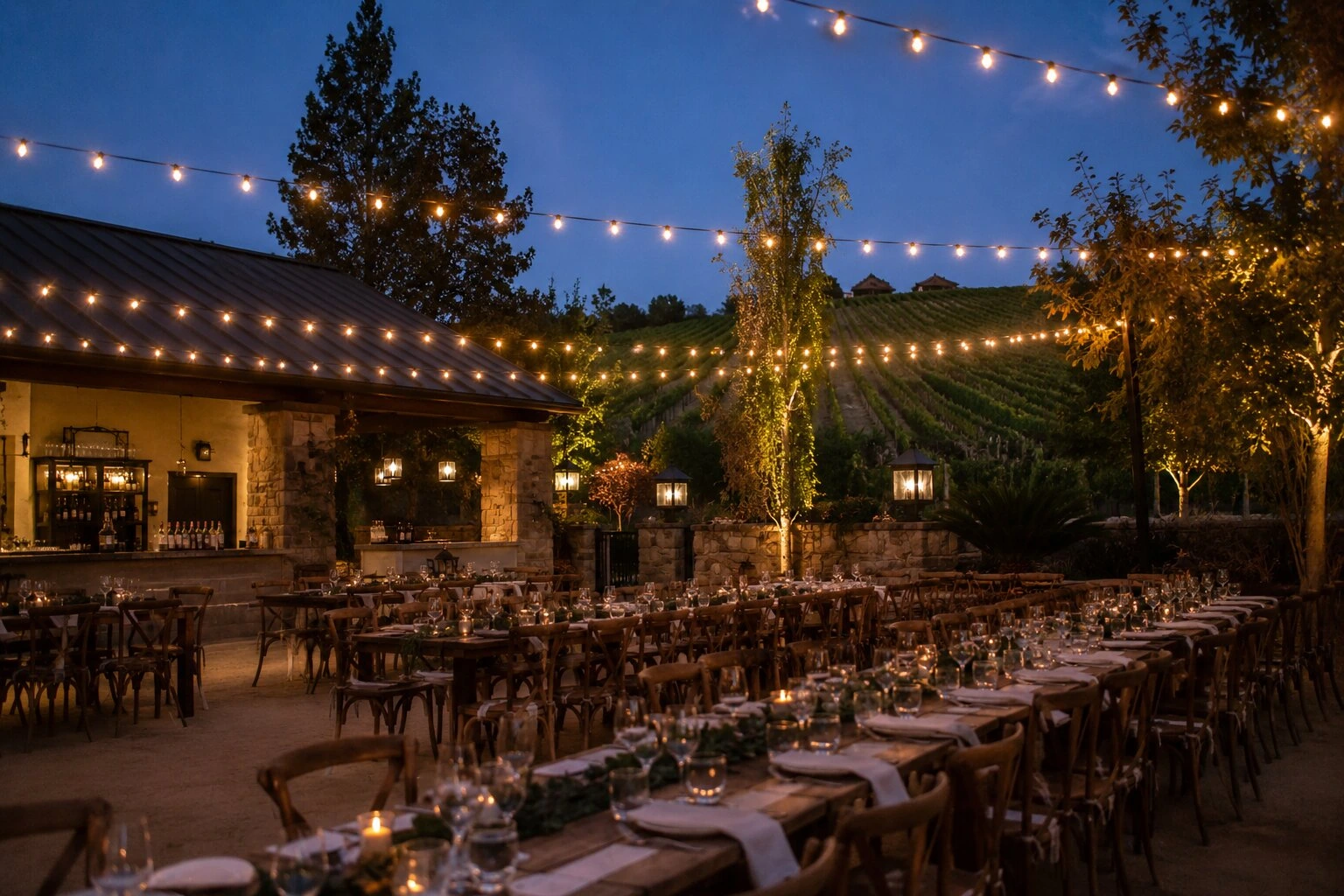 Outdoor vineyard wedding reception at deep-blue dusk, long farmhouse banquet tables under a warm bistro string canopy, stone bar building at left, cypress trees and a vineyard hillside behind, lanterns and greenery centerpieces along every table