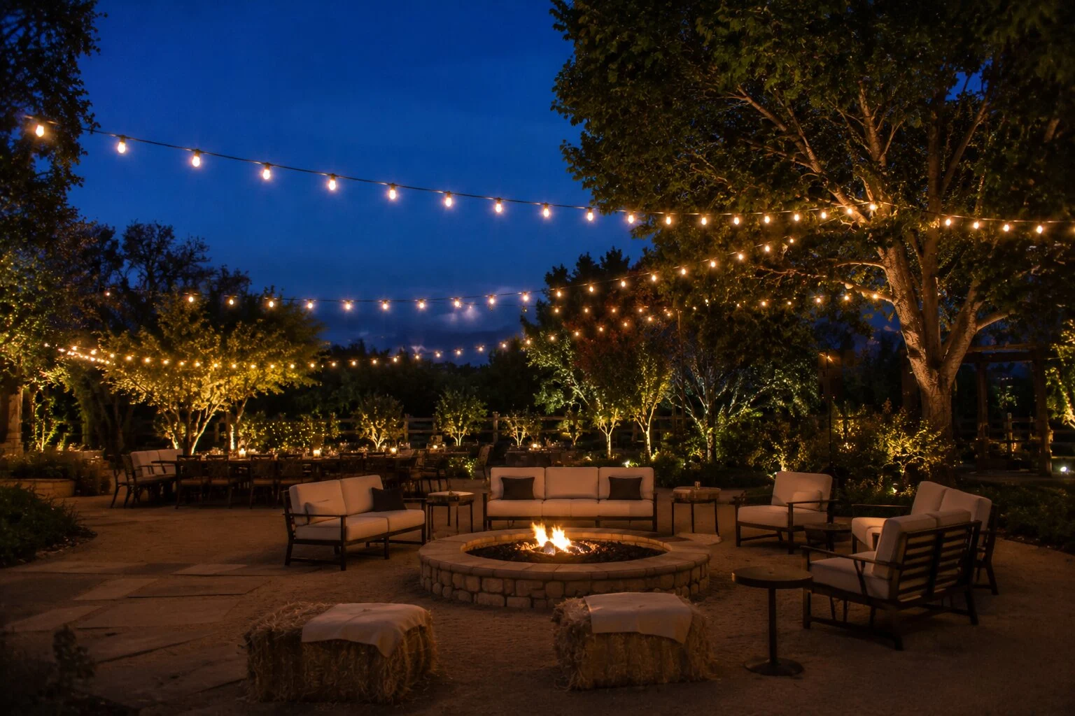 Outdoor event lounge at dusk with a circular stone firepit at center, plush sofas with cushions, hay-bale ottomans, bistro string lights crisscrossing overhead
